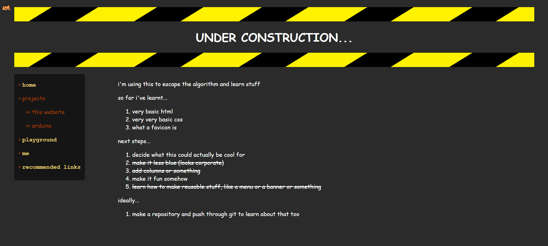 A screen shot of ene-googolplex index page. it has a slightly light black background, with white comic sans text. there's an upper banner with yellow and black stripes that read UNDER CONSTRUCTION, and a left navigation pane that is a box with even lighter black and orange and pale yellow links. there's a small pixel-art cat cuddled in the upper-most left corner.